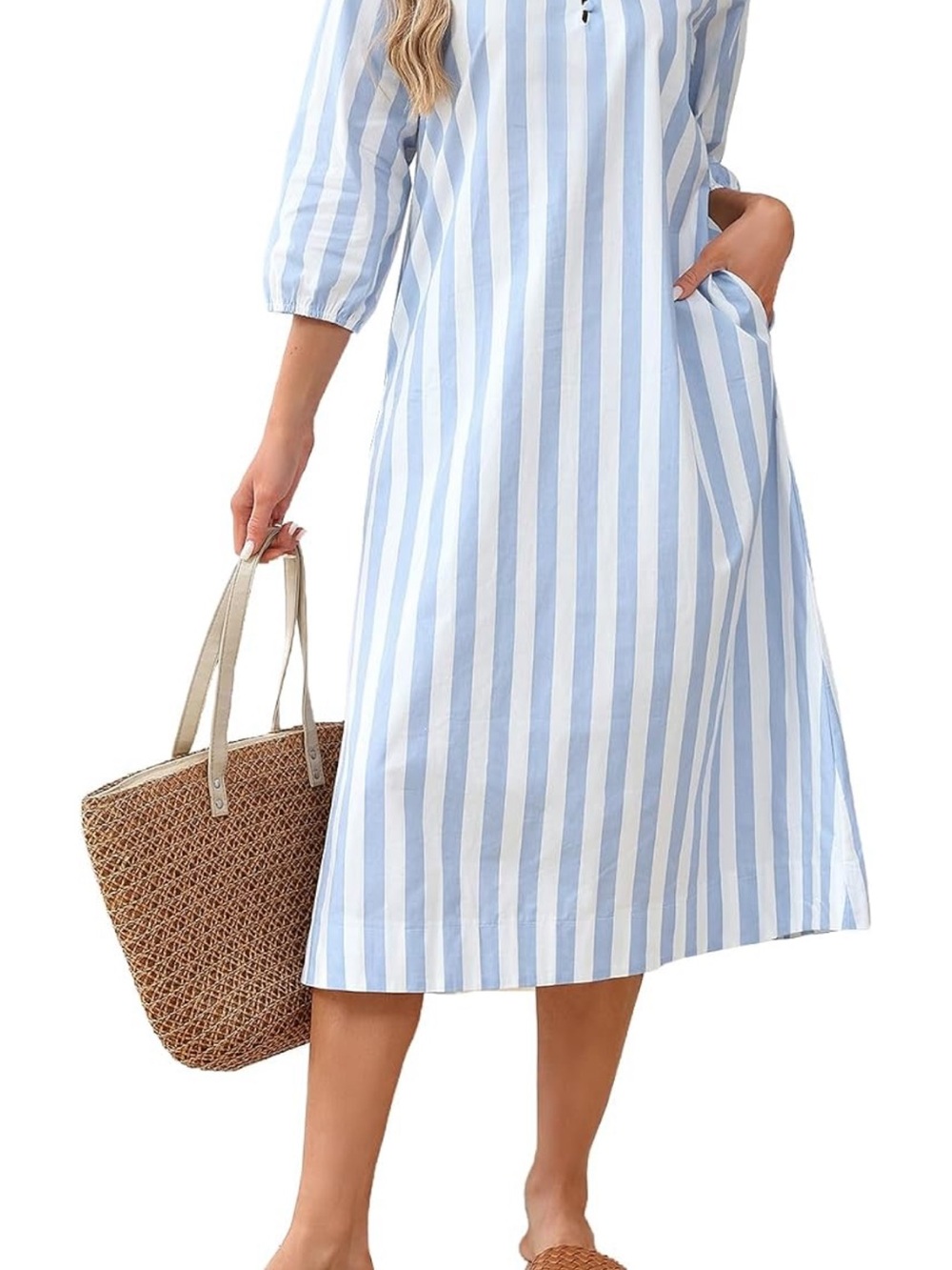 Amazon Essentials Light Blue and White Vertical Stripe Midi Dress